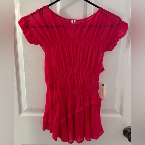 NWT Anthropologie Pink Sheer Smocked/Ruffled Asymmetrical Sweater Tank, Size XS - Picture 3 of 8